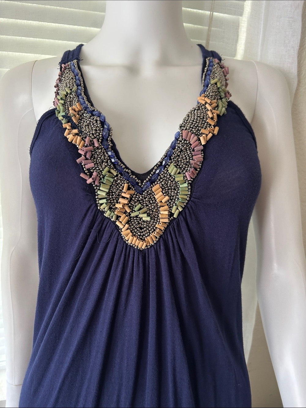 Romeo & Juliet Couture Navy Maxi Dress with Multicolor Beaded V-Neck - Picture 4 of 14